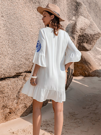 Printed Tie Neck Flounce Sleeve Mini Dress Luvéillé