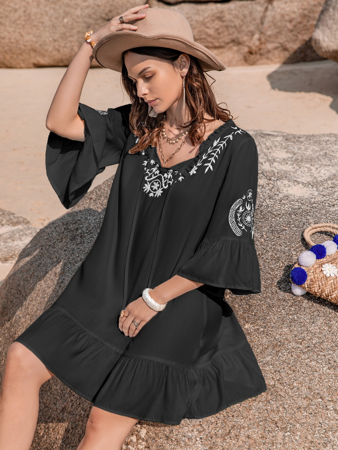 Printed Tie Neck Flounce Sleeve Mini Dress Luvéillé