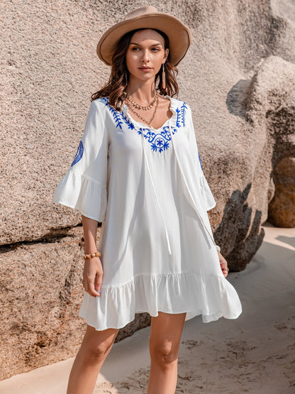 Printed Tie Neck Flounce Sleeve Mini Dress Luvéillé