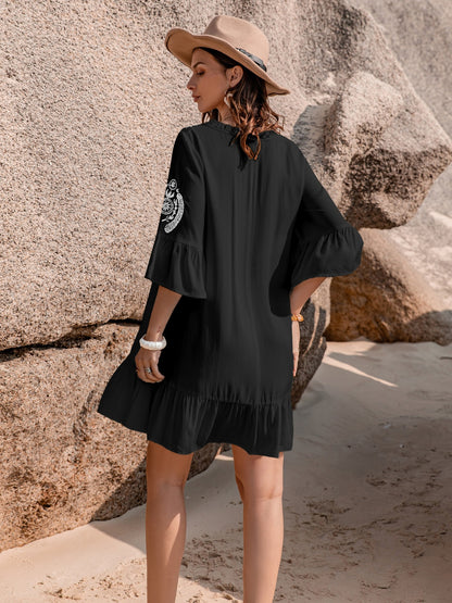 Printed Tie Neck Flounce Sleeve Mini Dress Luvéillé