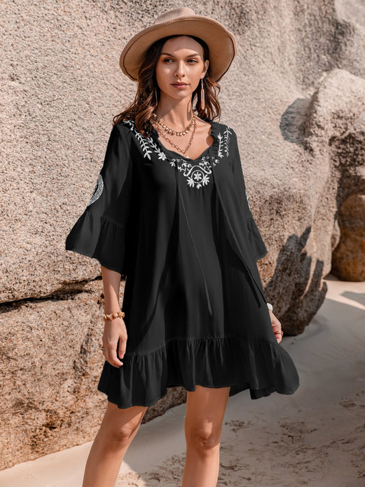 Printed Tie Neck Flounce Sleeve Mini Dress Luvéillé