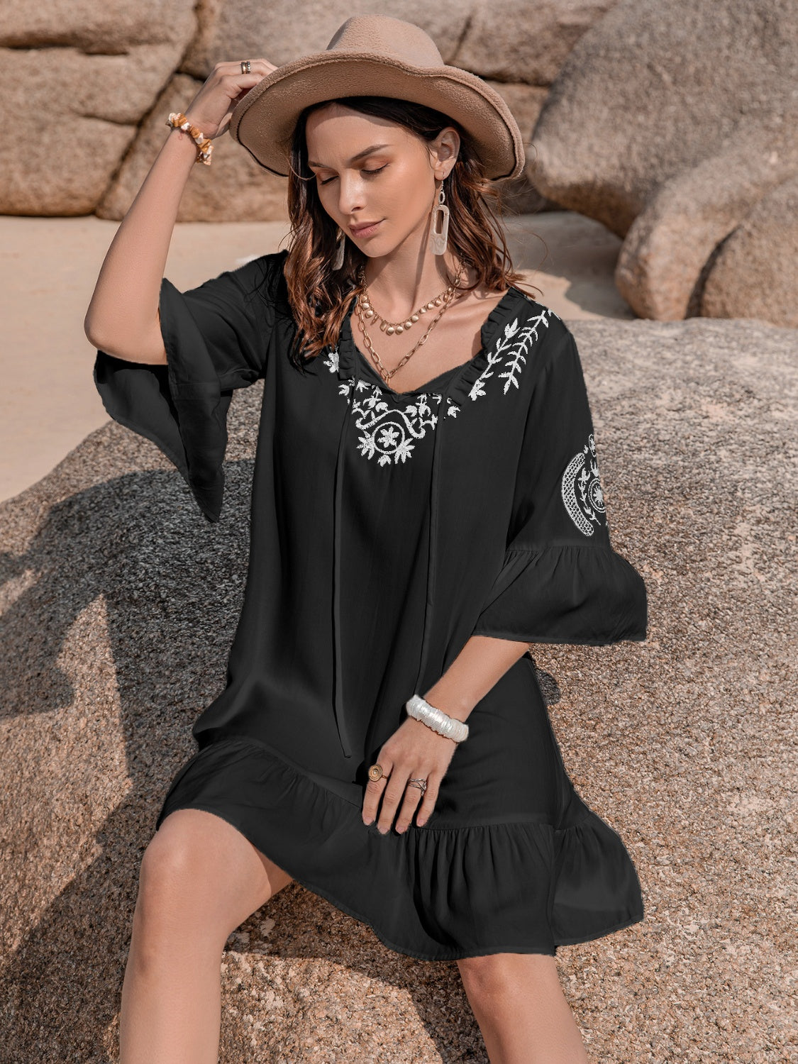 Printed Tie Neck Flounce Sleeve Mini Dress Luvéillé