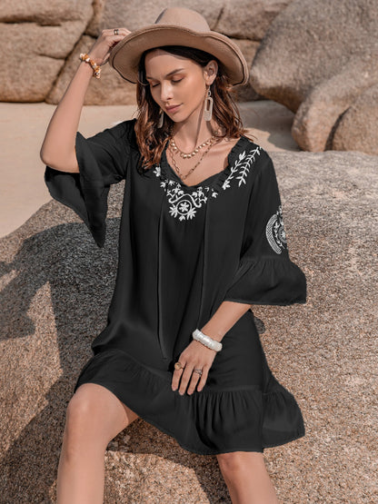 Printed Tie Neck Flounce Sleeve Mini Dress Luvéillé