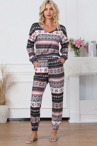 Printed V-Neck Top and Pants Lounge Set Luvéillé