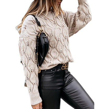 Pure Color Round Neck Bubble Bead Hollow Loose Knitted Sweater Luvéillé