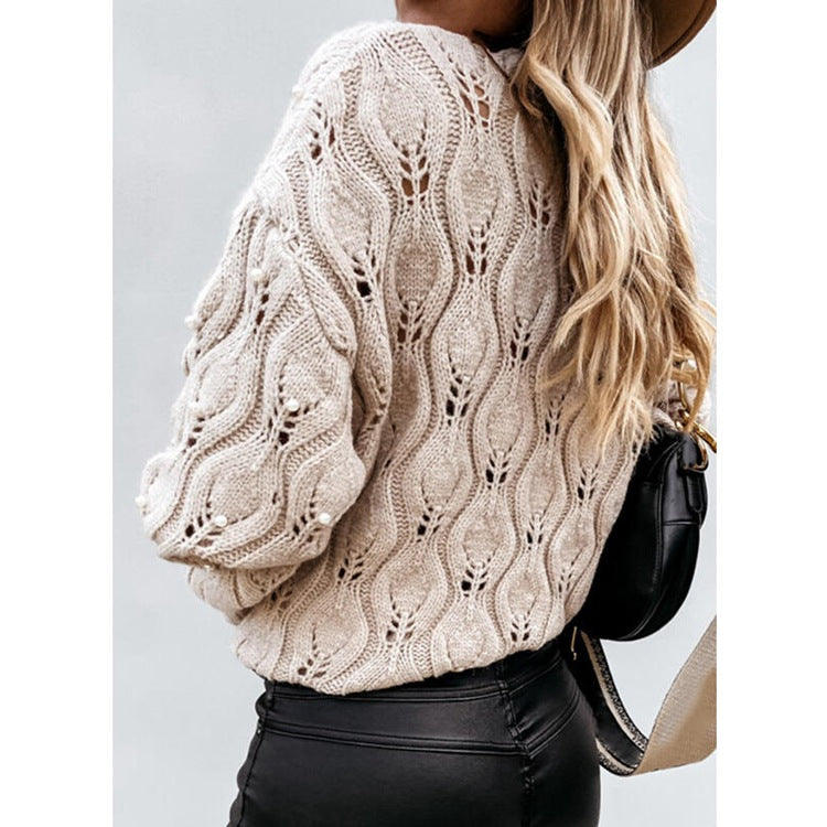 Pure Color Round Neck Bubble Bead Hollow Loose Knitted Sweater Luvéillé