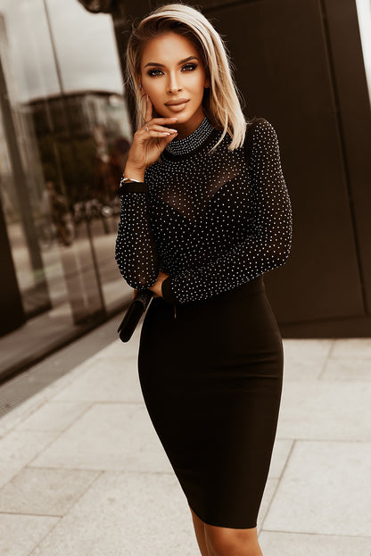Rhinestone Mock Neck Long Sleeve Dress Luvéillé