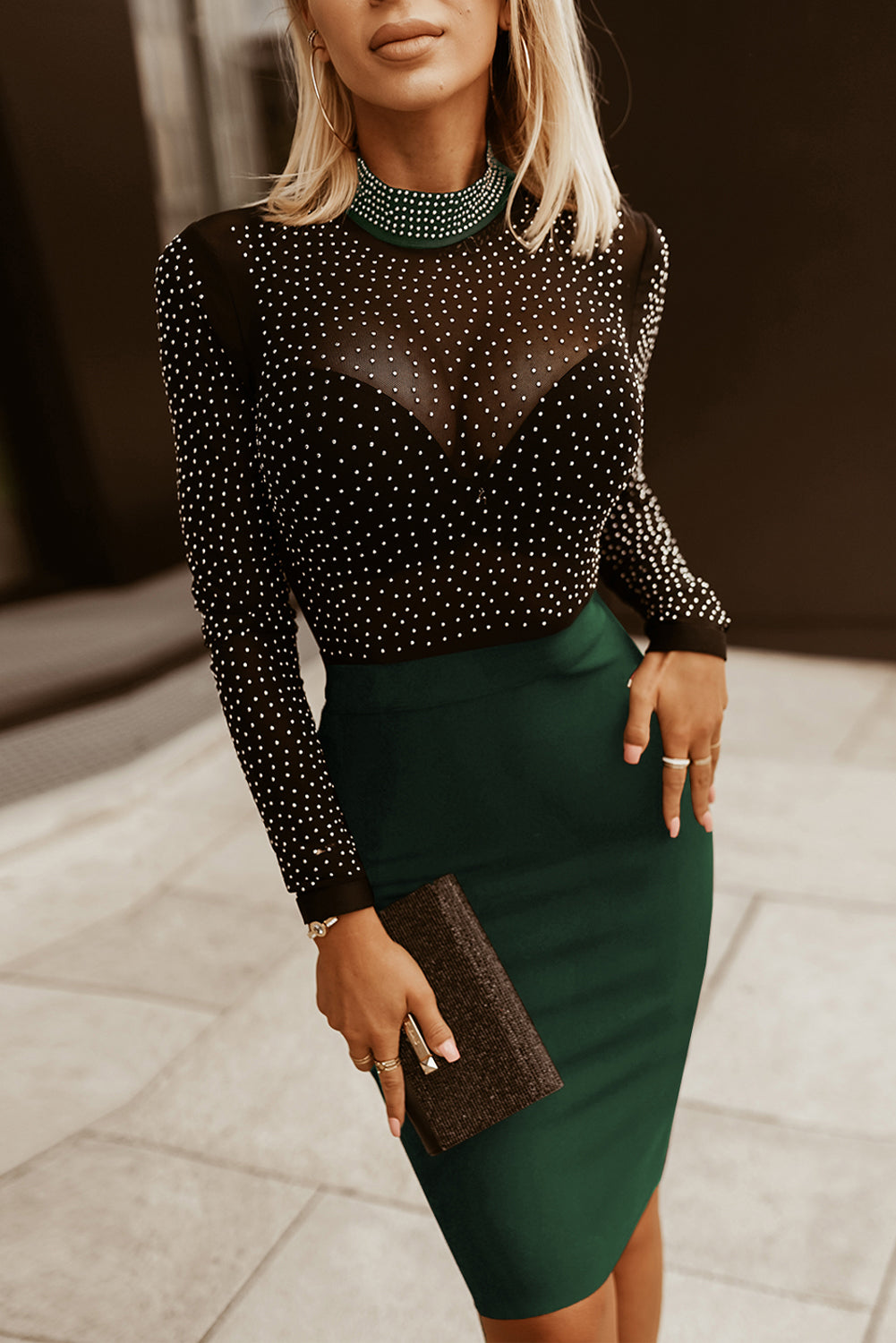 Rhinestone Mock Neck Long Sleeve Dress Luvéillé