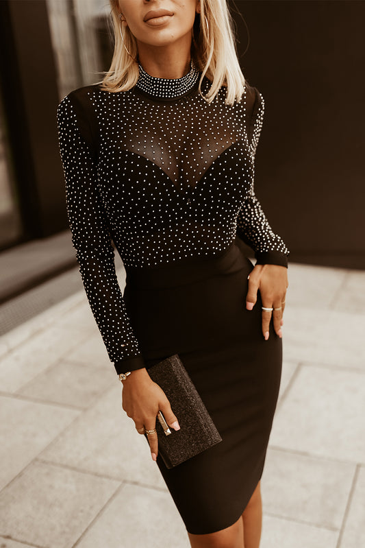 Rhinestone Mock Neck Long Sleeve Dress Luvéillé