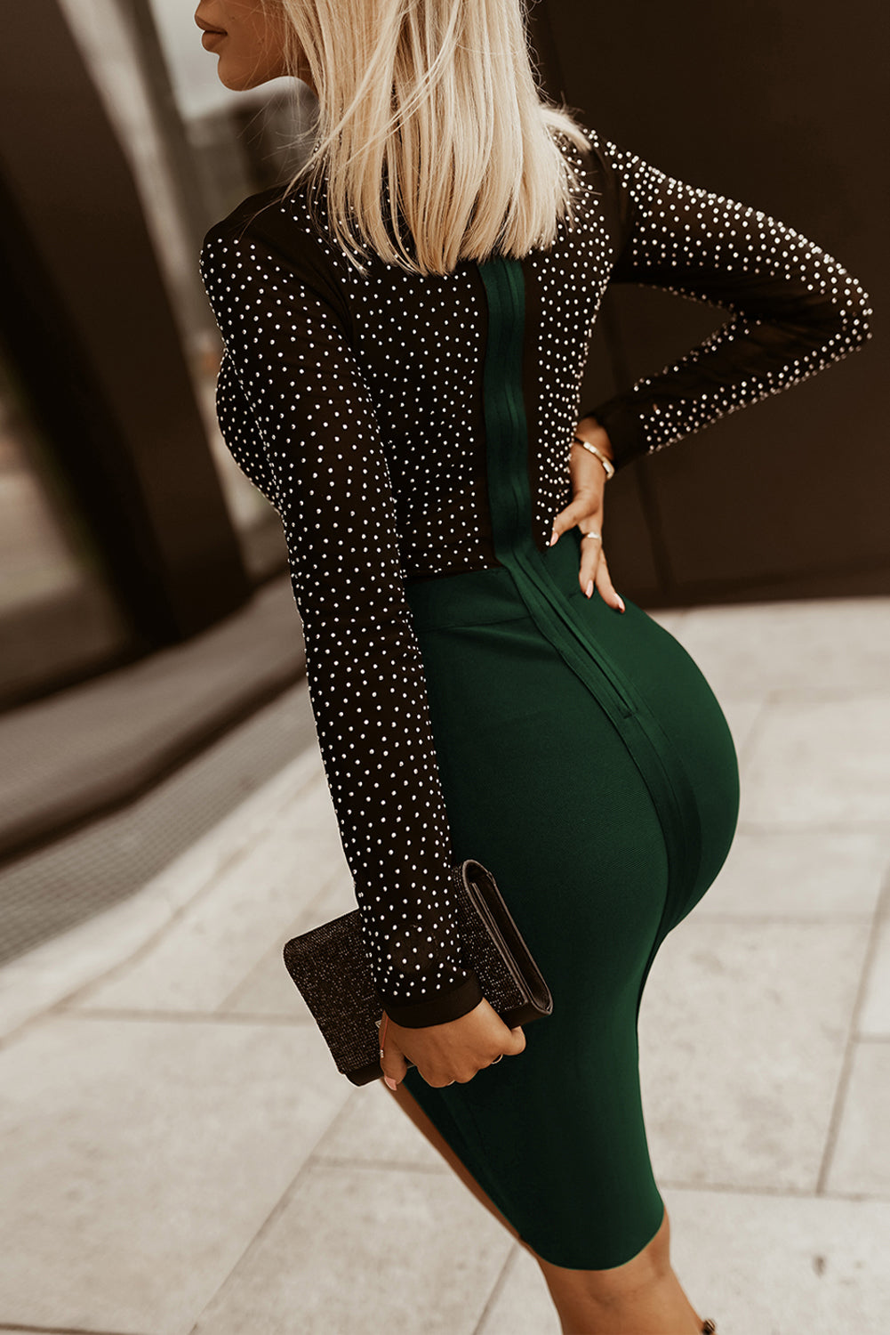 Rhinestone Mock Neck Long Sleeve Dress Luvéillé