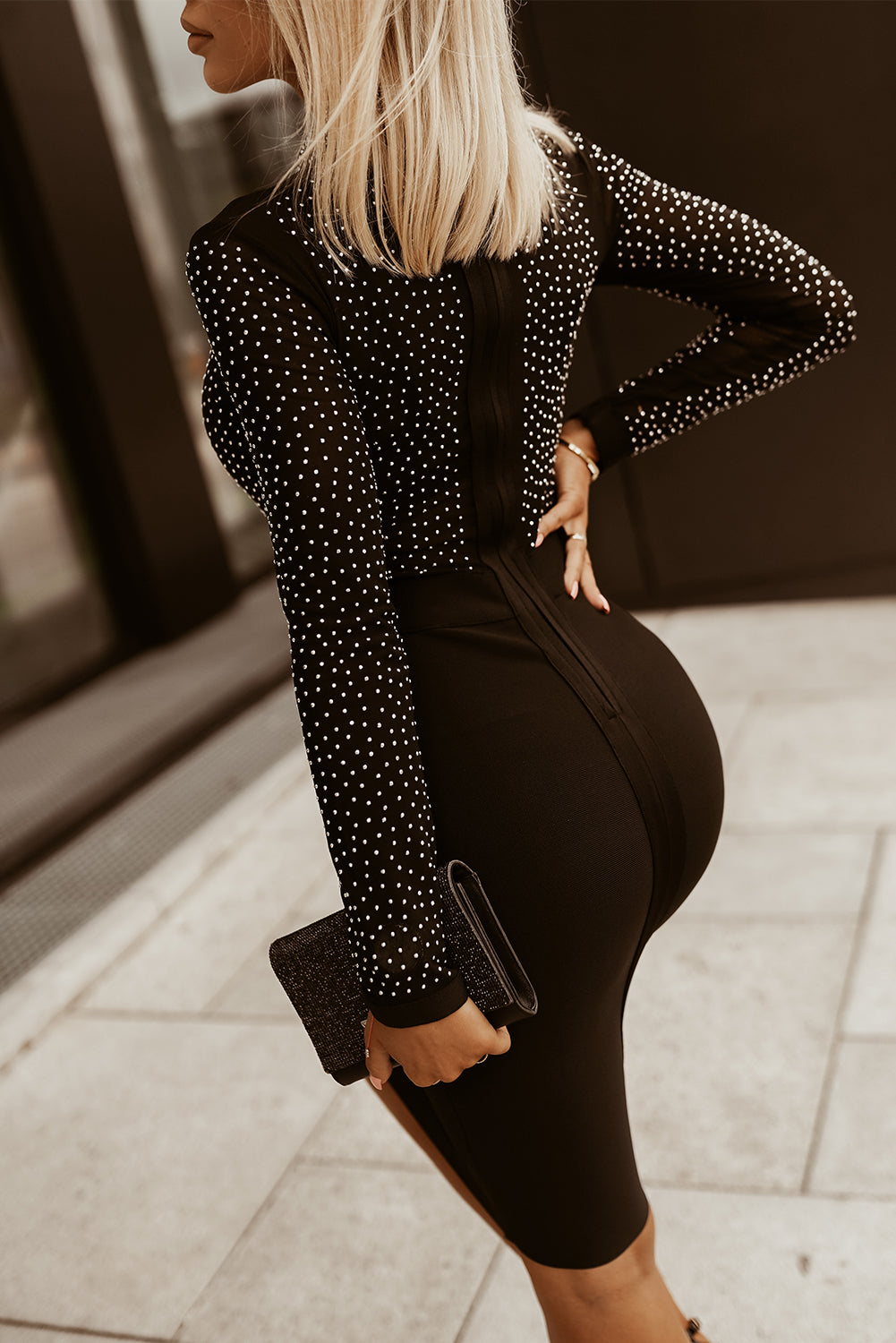 Rhinestone Mock Neck Long Sleeve Dress Luvéillé