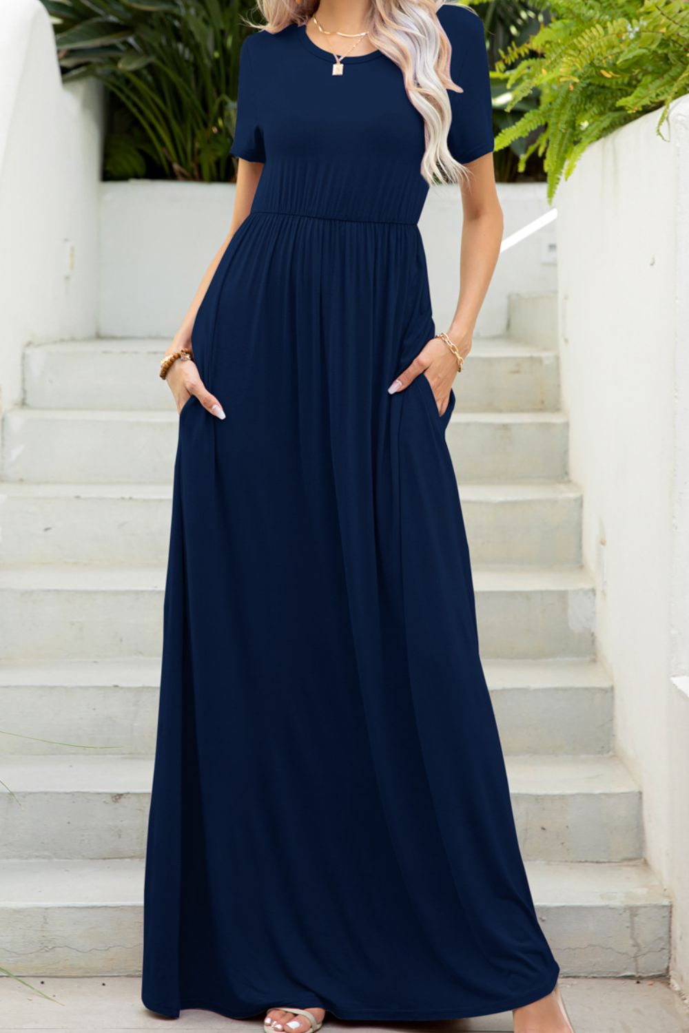 Round Neck Maxi Tee Dress with Pockets Luvéillé