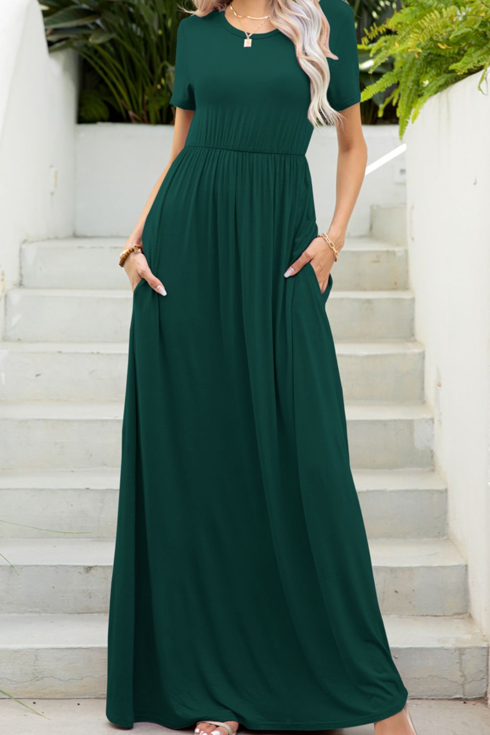Round Neck Maxi Tee Dress with Pockets Luvéillé