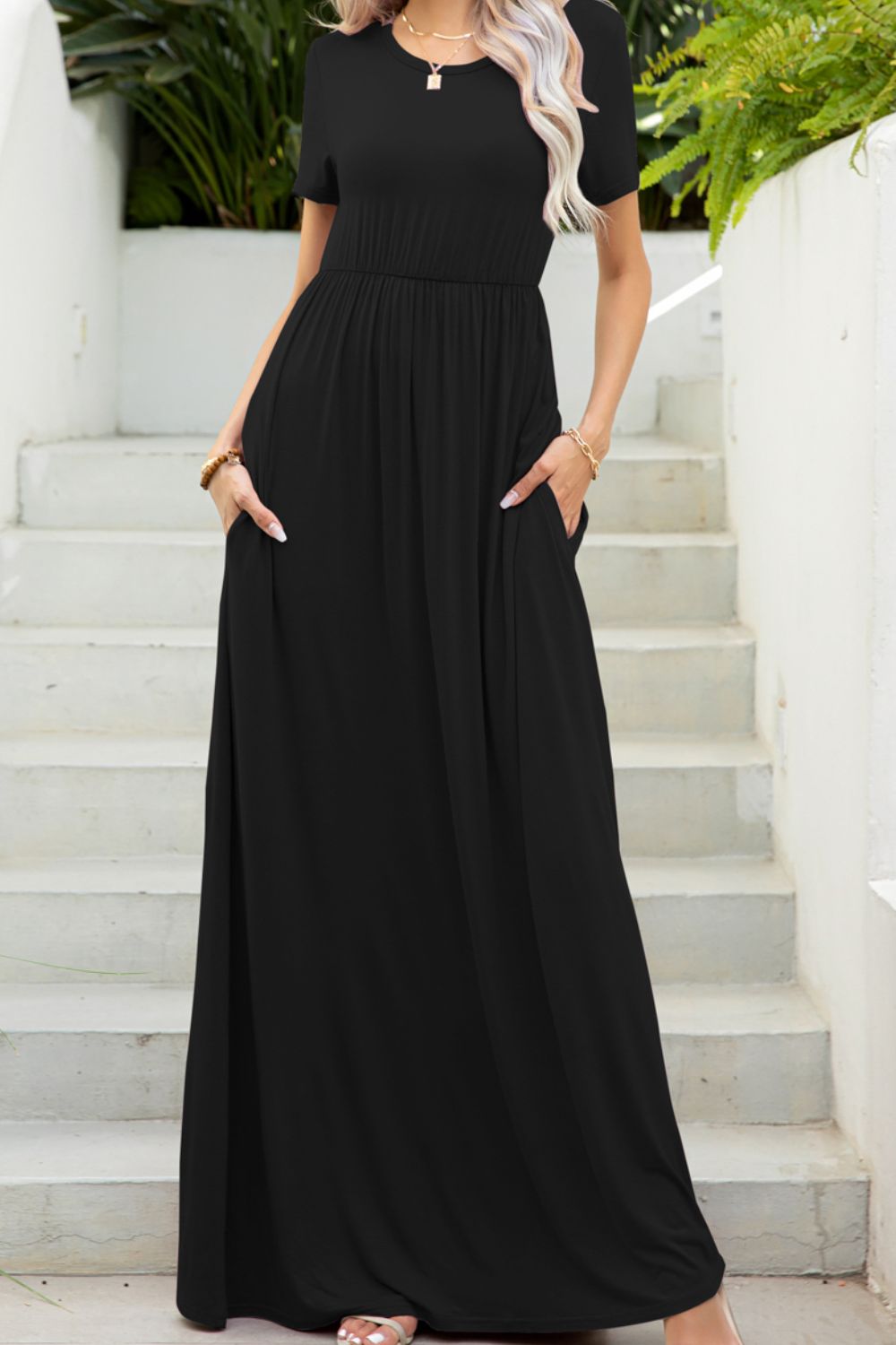 Round Neck Maxi Tee Dress with Pockets Luvéillé