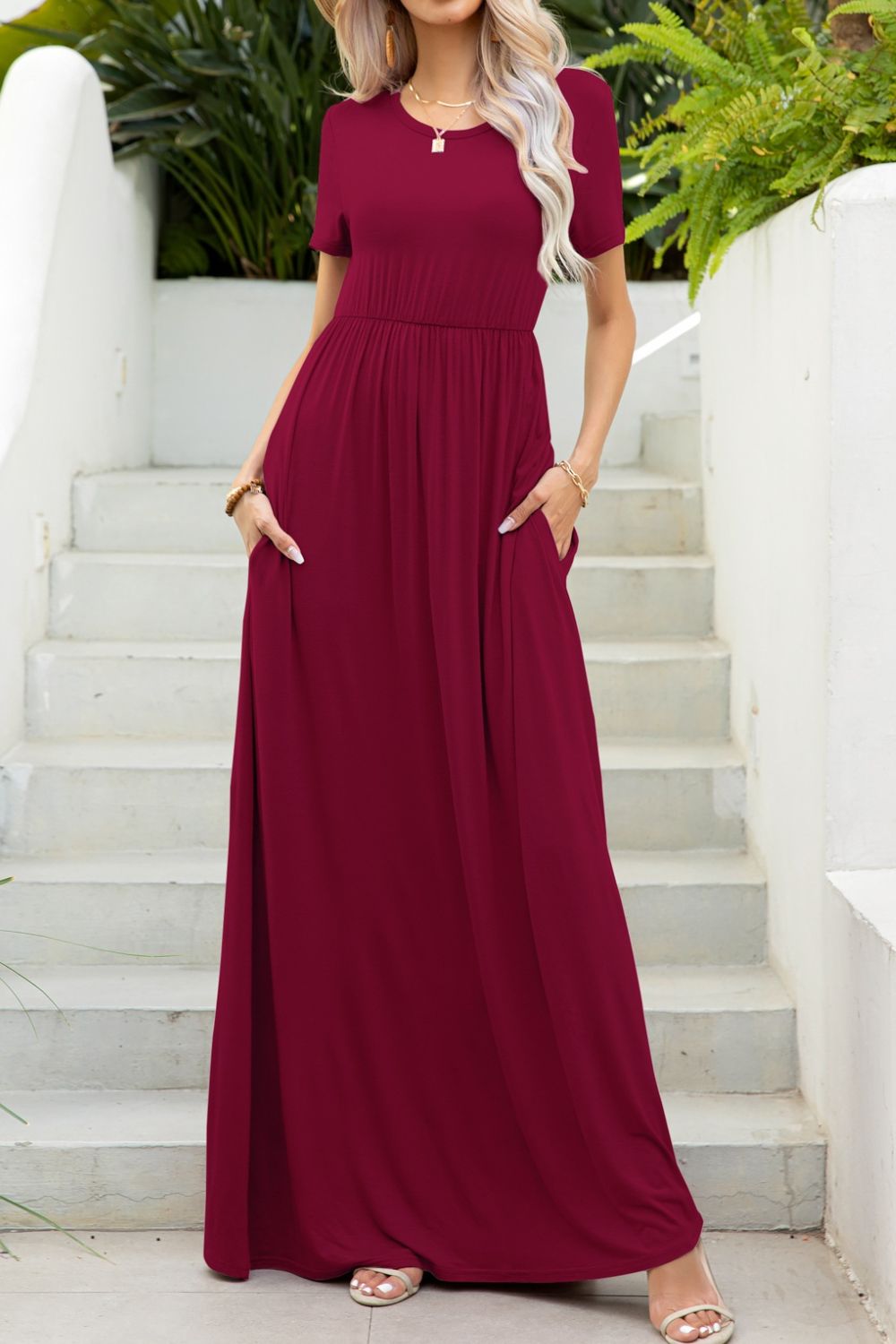 Round Neck Maxi Tee Dress with Pockets Luvéillé