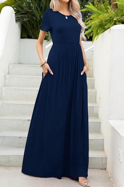 Round Neck Maxi Tee Dress with Pockets Luvéillé
