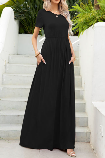 Round Neck Maxi Tee Dress with Pockets Luvéillé