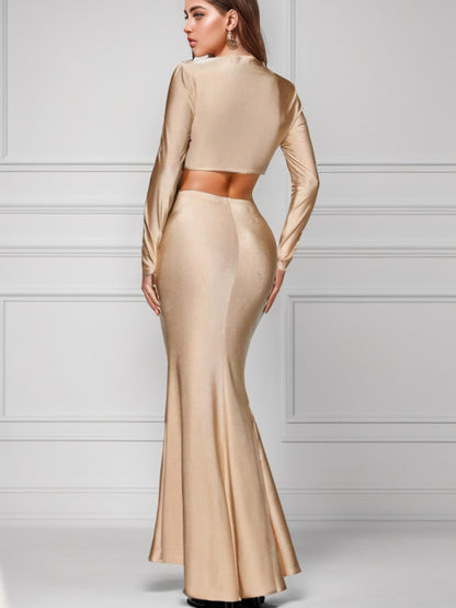 Ruched Long Sleeve Top and Slit Skirt Set Luvéillé