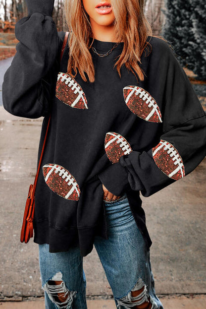 Sequin Football Patch Slit Sweatshirt Luvéillé