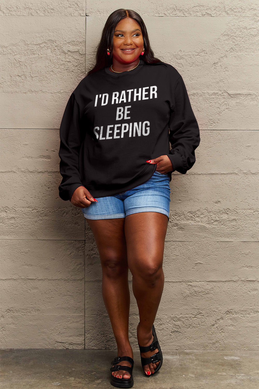 Simply Love Full Size I'D RATHER BE SLEEPING Round Neck Sweatshirt Luvéillé
