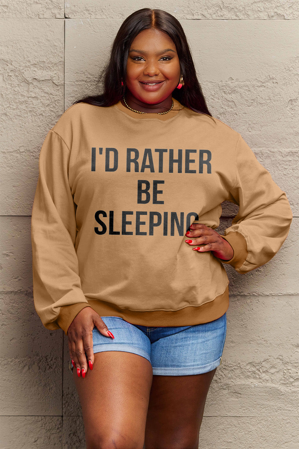 Simply Love Full Size I'D RATHER BE SLEEPING Round Neck Sweatshirt Luvéillé