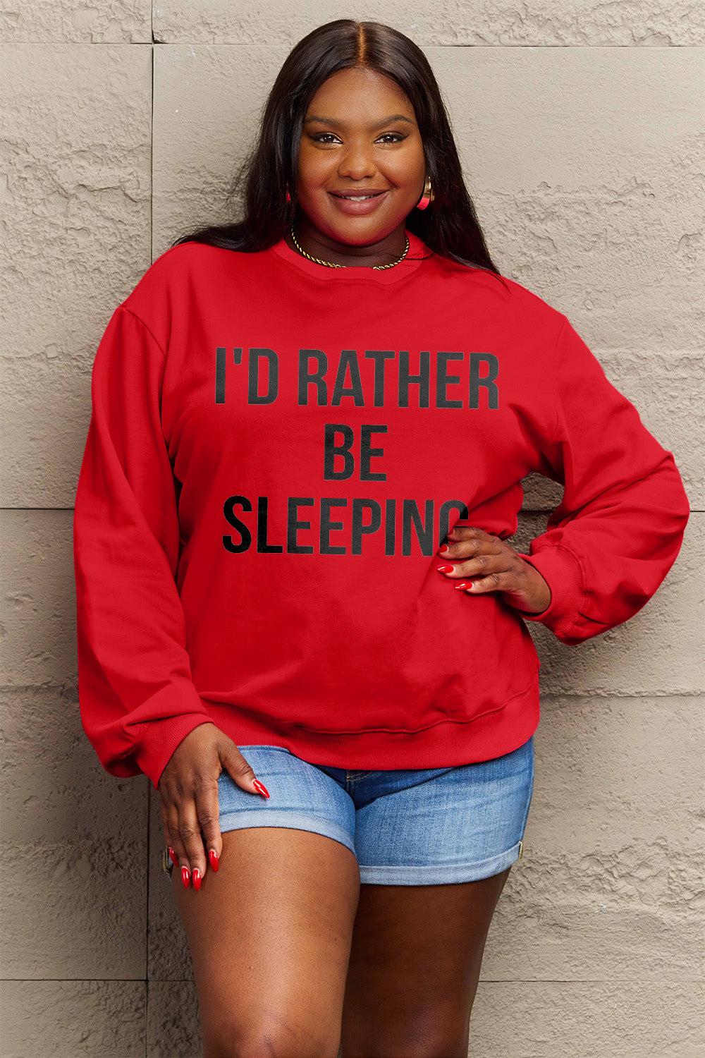 Simply Love Full Size I'D RATHER BE SLEEPING Round Neck Sweatshirt Luvéillé