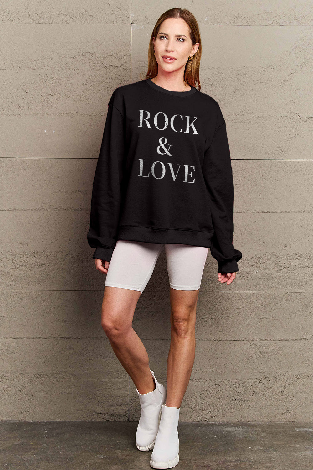 Simply Love Full Size ROCK ＆ LOVE Round Neck Sweatshirt Luvéillé