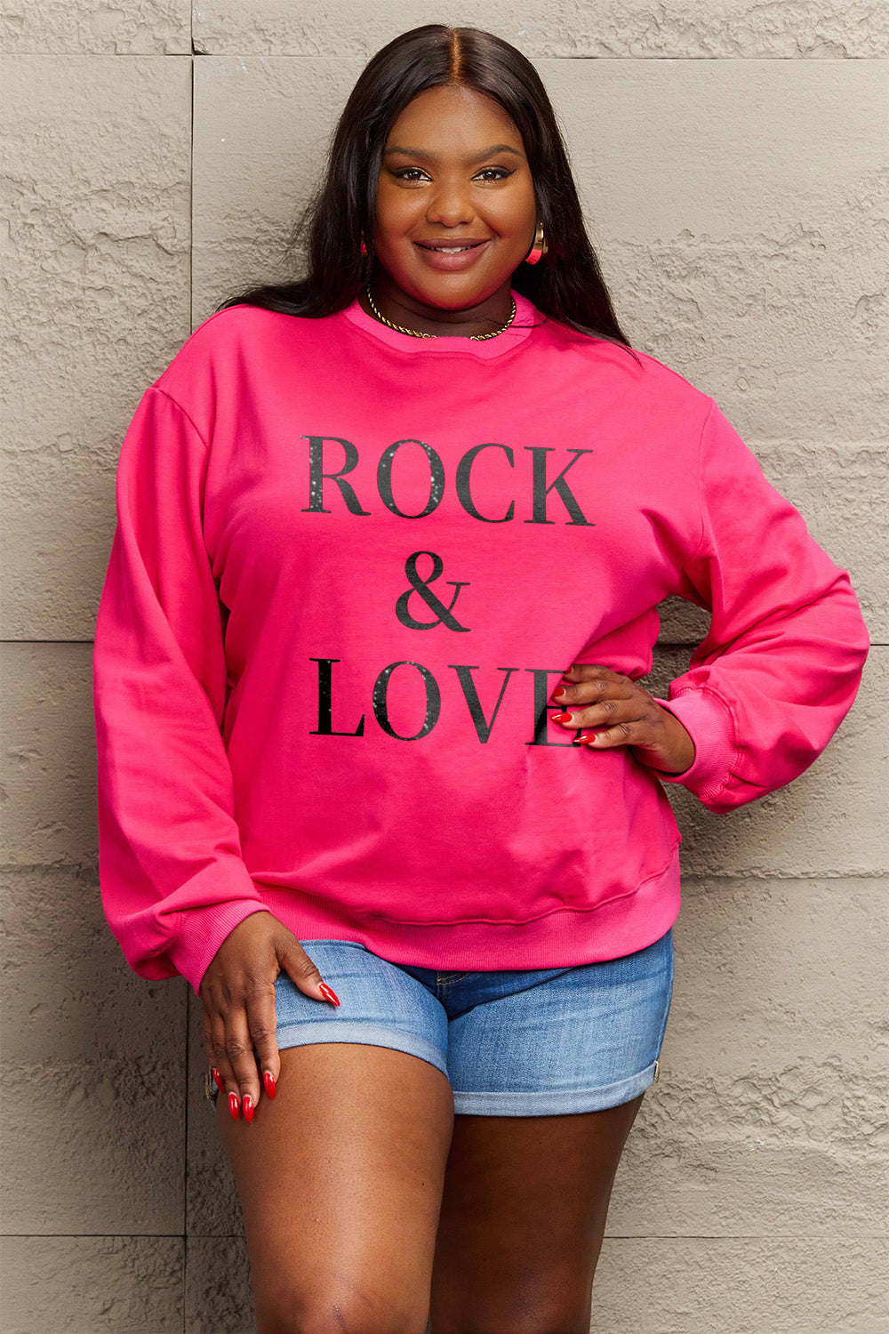 Simply Love Full Size ROCK ＆ LOVE Round Neck Sweatshirt Luvéillé