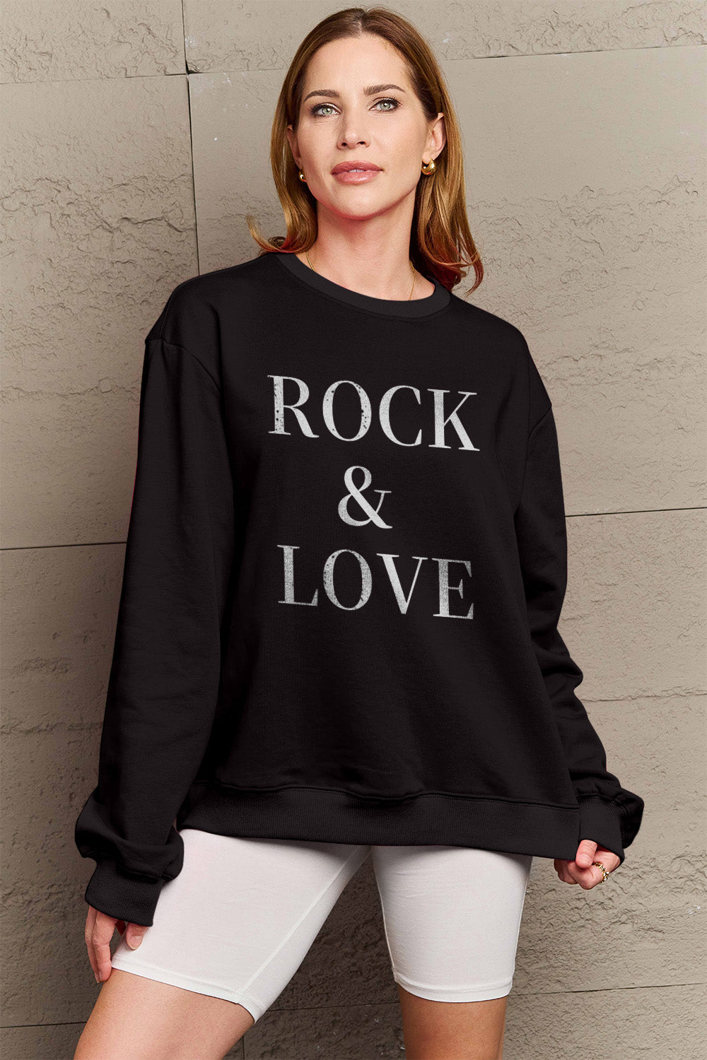 Simply Love Full Size ROCK ＆ LOVE Round Neck Sweatshirt Luvéillé