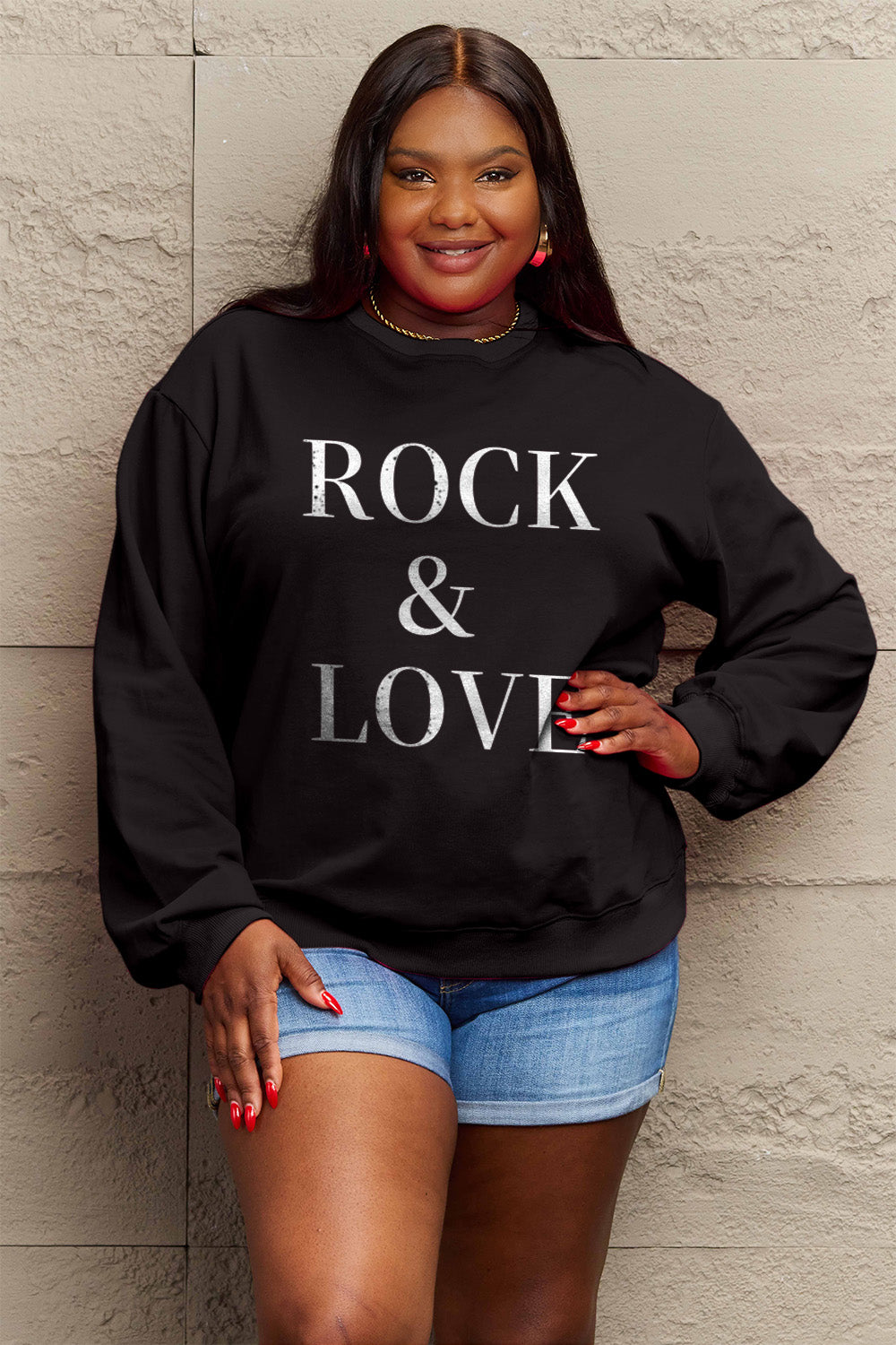 Simply Love Full Size ROCK ＆ LOVE Round Neck Sweatshirt Luvéillé