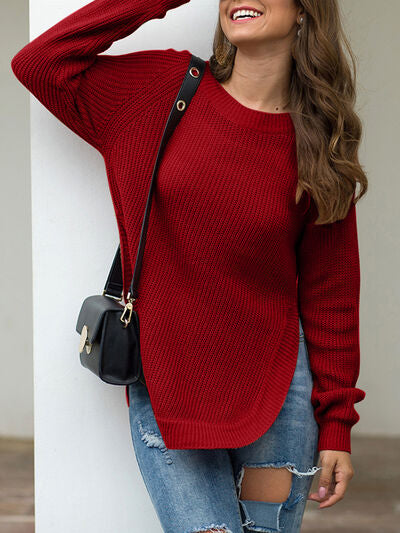 Slit Round Neck Long Sleeve Sweater Luvéillé