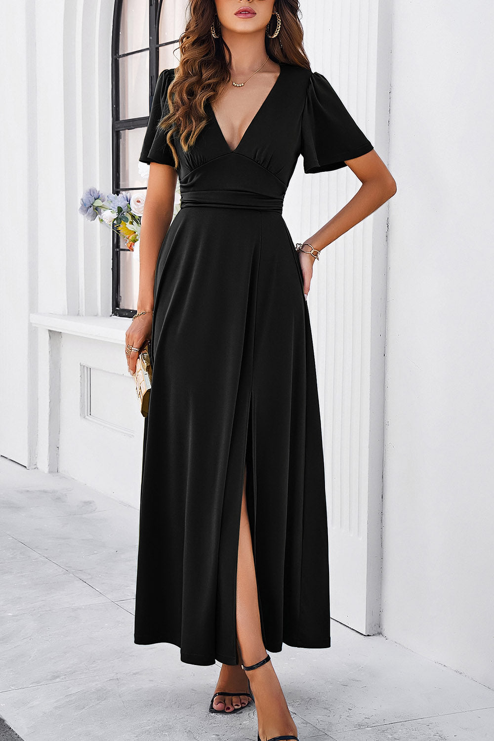 Slit V-Neck Short Sleeve Dress Luvéillé