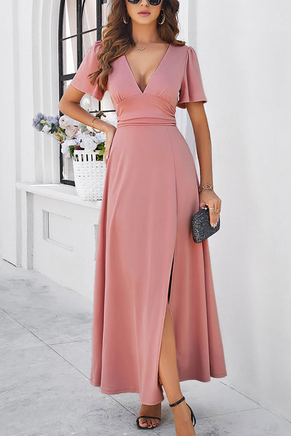 Slit V-Neck Short Sleeve Dress Luvéillé