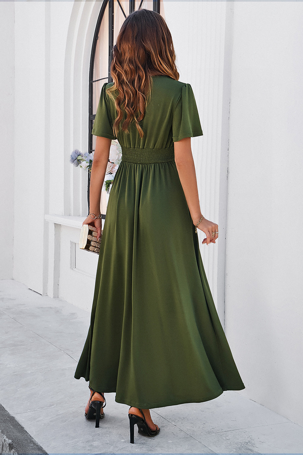 Slit V-Neck Short Sleeve Dress Luvéillé