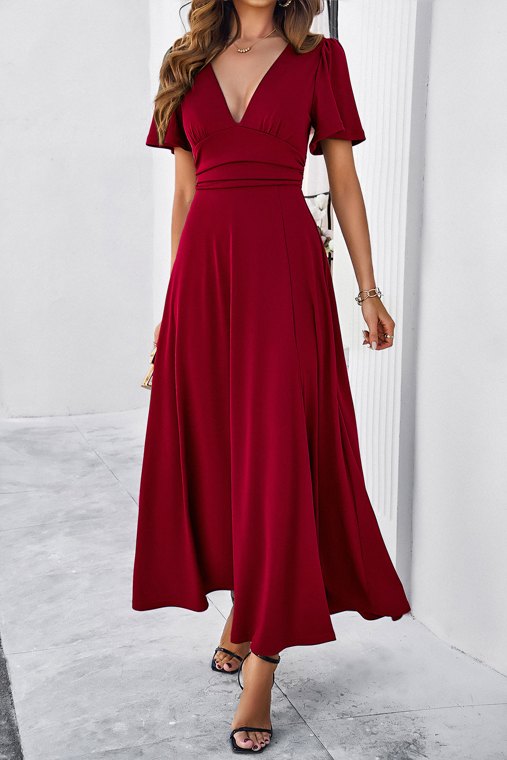 Slit V-Neck Short Sleeve Dress Luvéillé