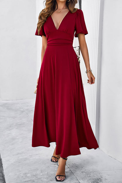 Slit V-Neck Short Sleeve Dress Luvéillé