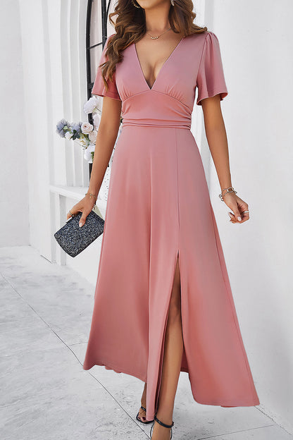 Slit V-Neck Short Sleeve Dress Luvéillé