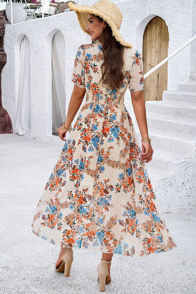 Smocked Floral V-Neck Short Sleeve Dress Luvéillé
