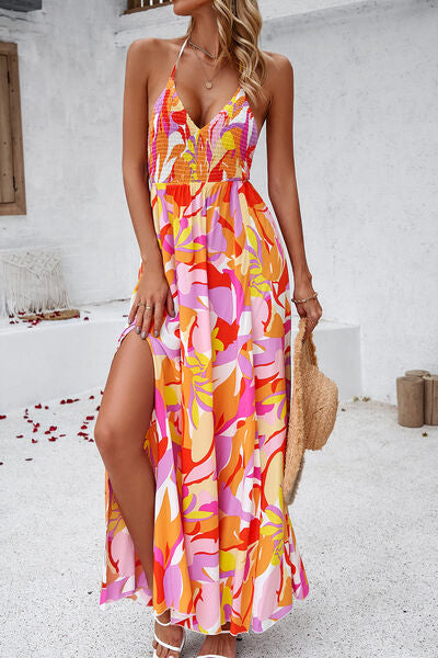 Smocked Slit Tied Printed Dress Luvéillé
