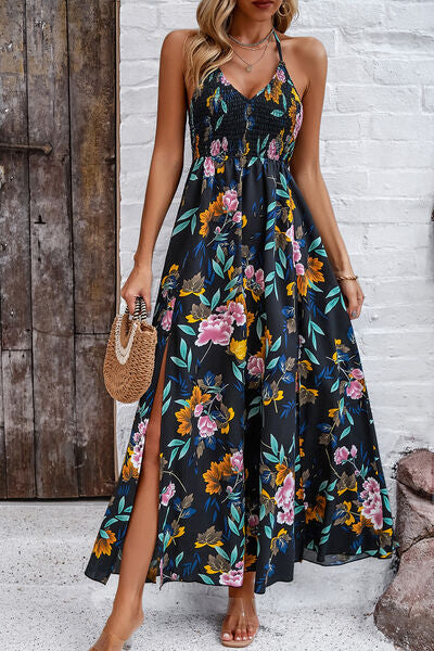 Smocked Slit Tied Printed Dress Luvéillé