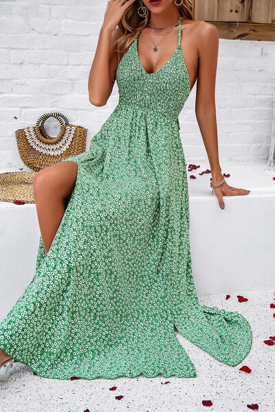 Smocked Slit Tied Printed Dress Luvéillé
