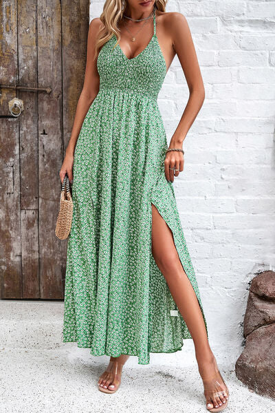 Smocked Slit Tied Printed Dress Luvéillé