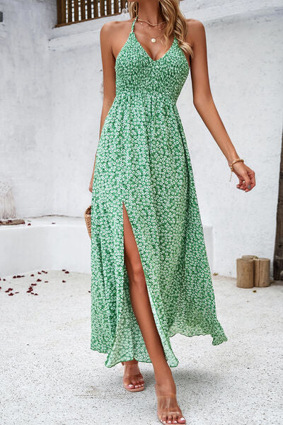 Smocked Slit Tied Printed Dress Luvéillé