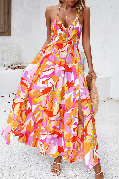 Smocked Slit Tied Printed Dress Luvéillé