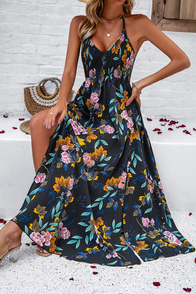 Smocked Slit Tied Printed Dress Luvéillé