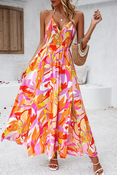 Smocked Slit Tied Printed Dress Luvéillé