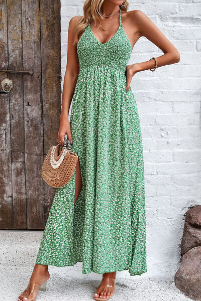 Smocked Slit Tied Printed Dress Luvéillé