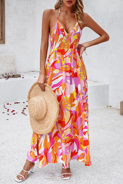 Smocked Slit Tied Printed Dress Luvéillé