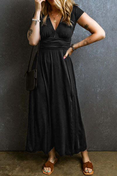 Smocked V-Neck Short Sleeve Dress Luvéillé