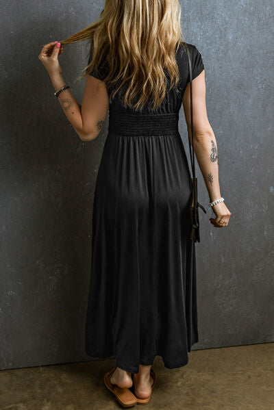Smocked V-Neck Short Sleeve Dress Luvéillé